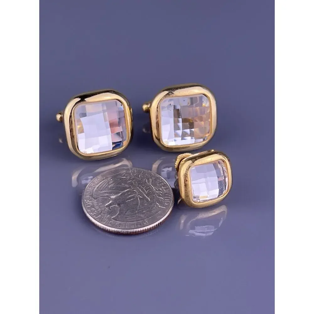 Square White Cut Rhinestone Cufflinks Tie Clip Pin Gold Tone Formal Vintage